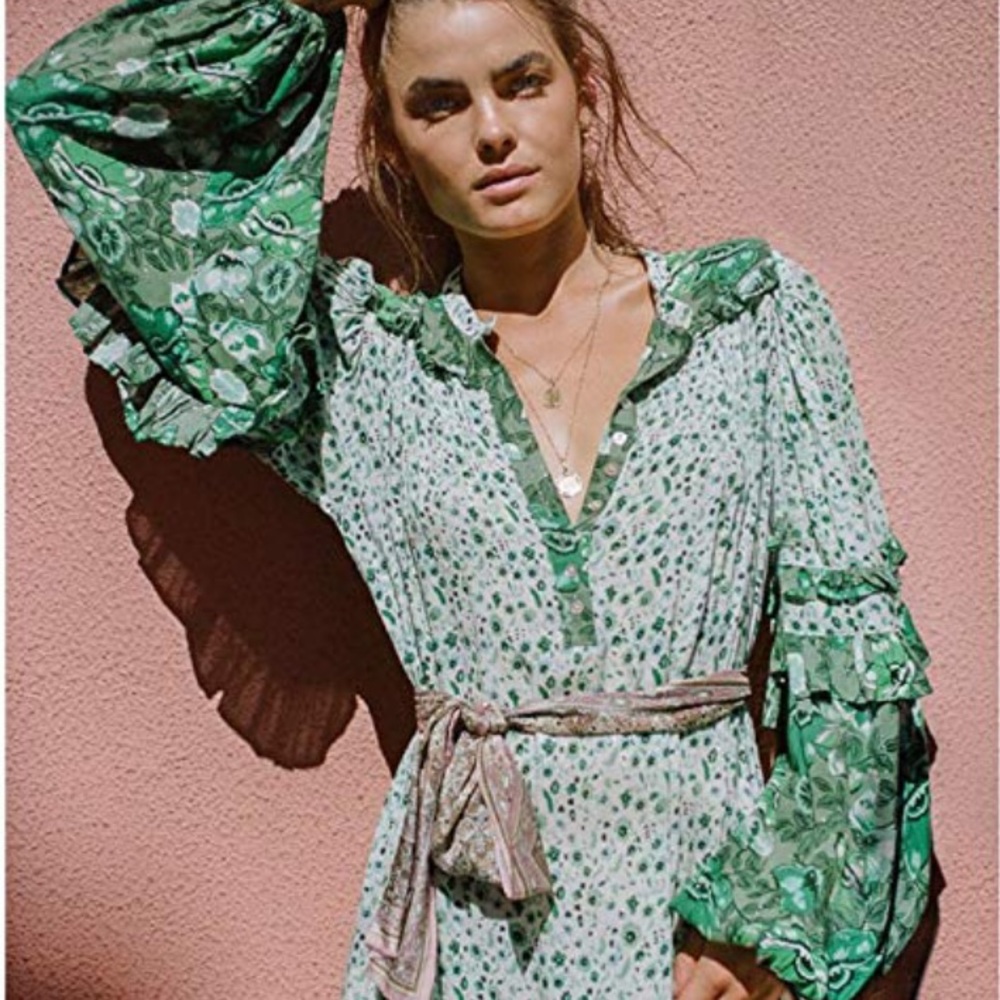 Winona Boho Gypsy Maxi Dress Gown in Ivy Green - Picture 4 of 8